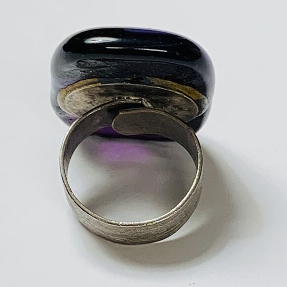 Chunky Art Glass Ring 7.5 Adjustable Purple Blue Black Statement Silver Tone - Picture 5 of 11
